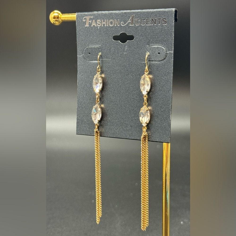 Gold Tone Fish Hook Earrings Navette Stone Drop with Chain 4.25 inch